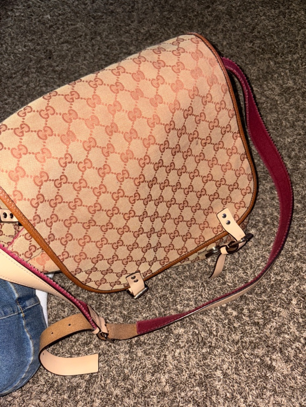Preowned Beige GG Canvas Crossbody with Burgundy Strap, Changing Pad Included